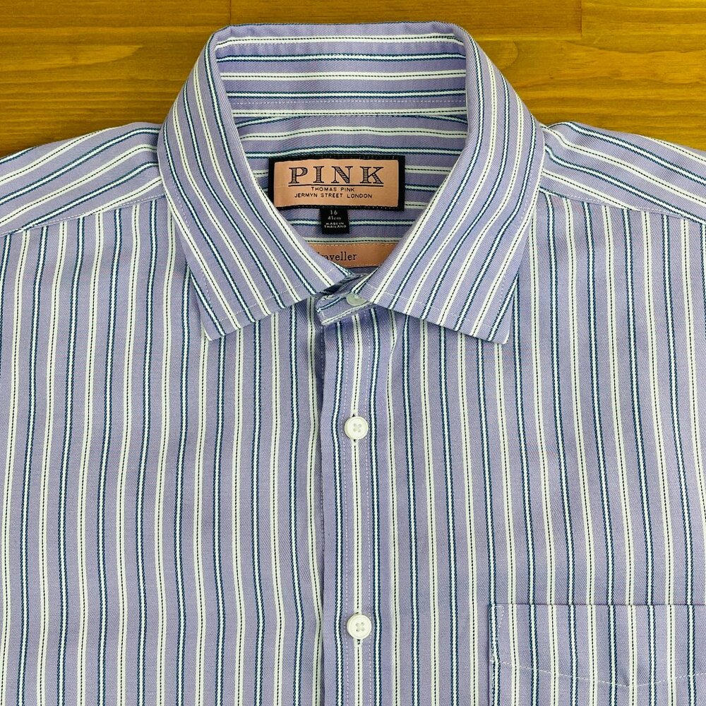 Thomas Pink Traveller Shirt Mens Size 16 Lavender Striped Short Sleeve Cotton